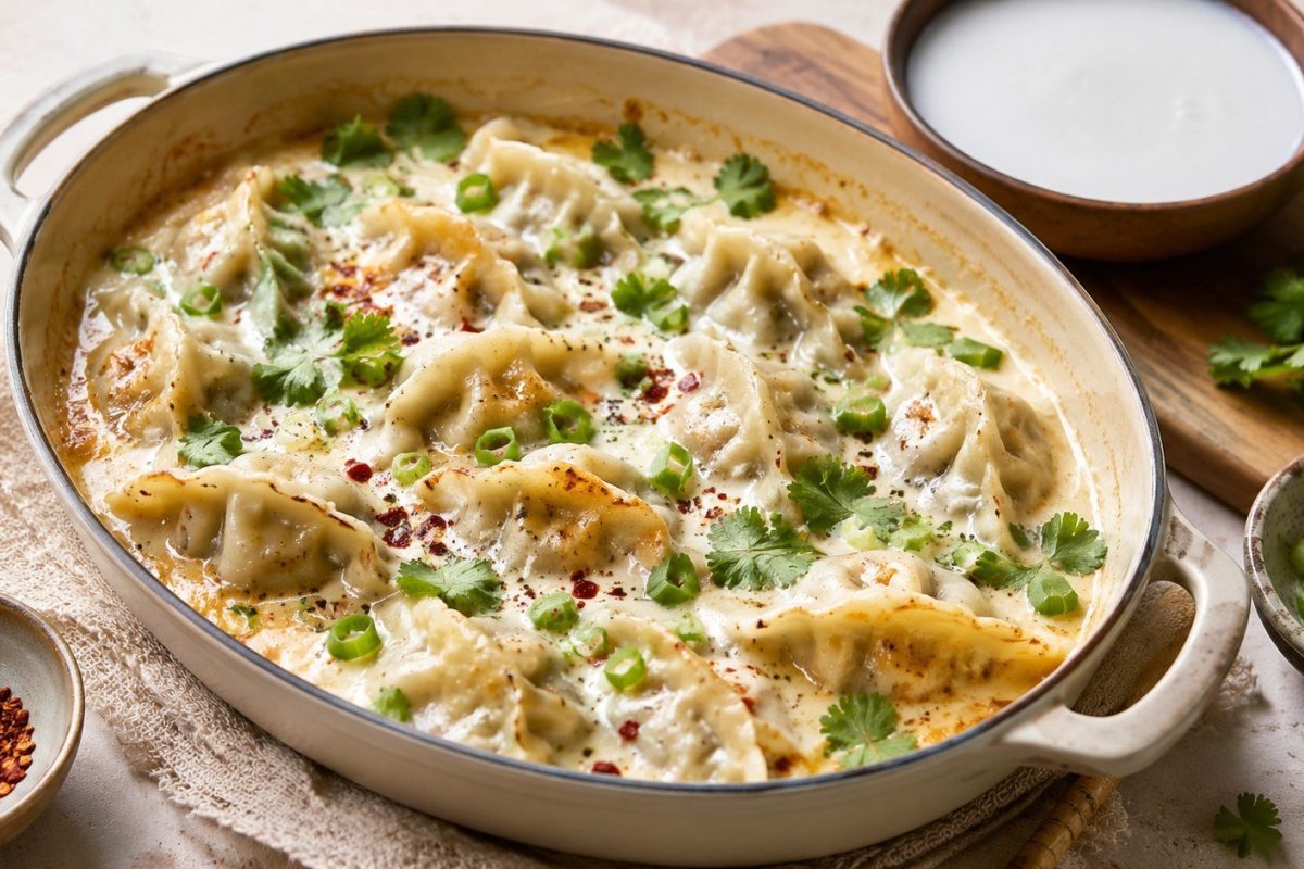 Dumpling Bake turns frozen dumplings into an easy one-pan dinner with creamy coconut or dairy sauce, vegetables, baking tips, safe temperatures, and useful variations.