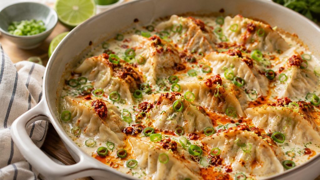 Coconut-Lime Dumpling Bake turns frozen dumplings, coconut milk, lime, chili crisp, and green onions into a creamy one-pan dinner ready in about 35 minutes.