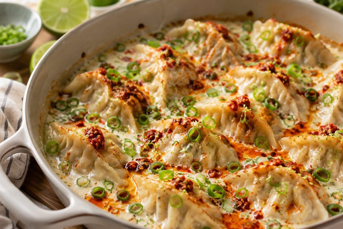 Coconut-Lime Dumpling Bake turns frozen dumplings, coconut milk, lime, chili crisp, and green onions into a creamy one-pan dinner ready in about 35 minutes.