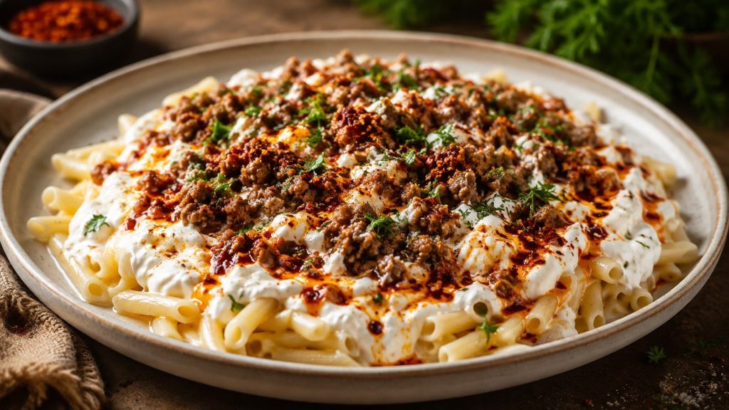 Turkish pasta recipe with garlic yogurt, browned ground beef, tomatoes, and paprika butter. Learn the best ratios, cooking order, substitutions, and serving tips.