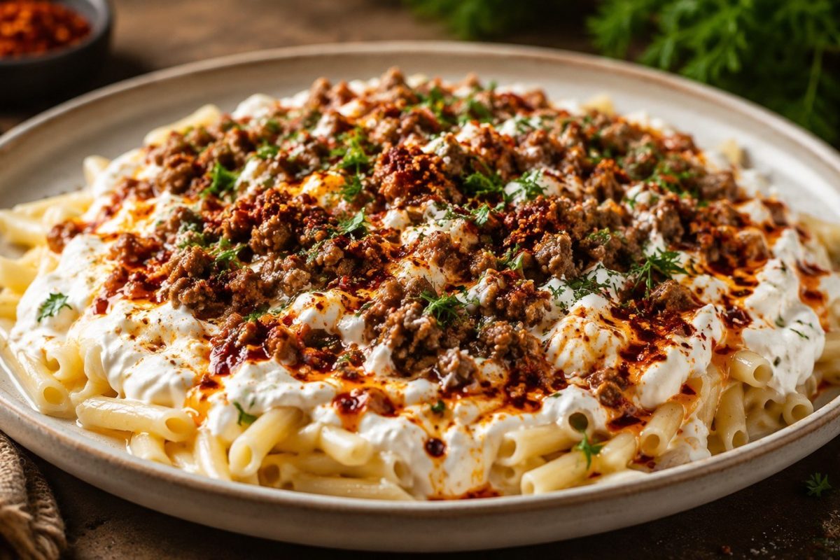 Turkish pasta recipe with garlic yogurt, browned ground beef, tomatoes, and paprika butter. Learn the best ratios, cooking order, substitutions, and serving tips.