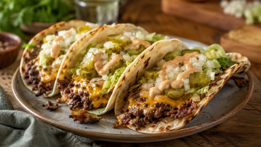 Smash Burger Tacos combine thin ground beef, flour tortillas, melted cheese, pickles and burger sauce in a hot skillet for a crisp, fast dinner.