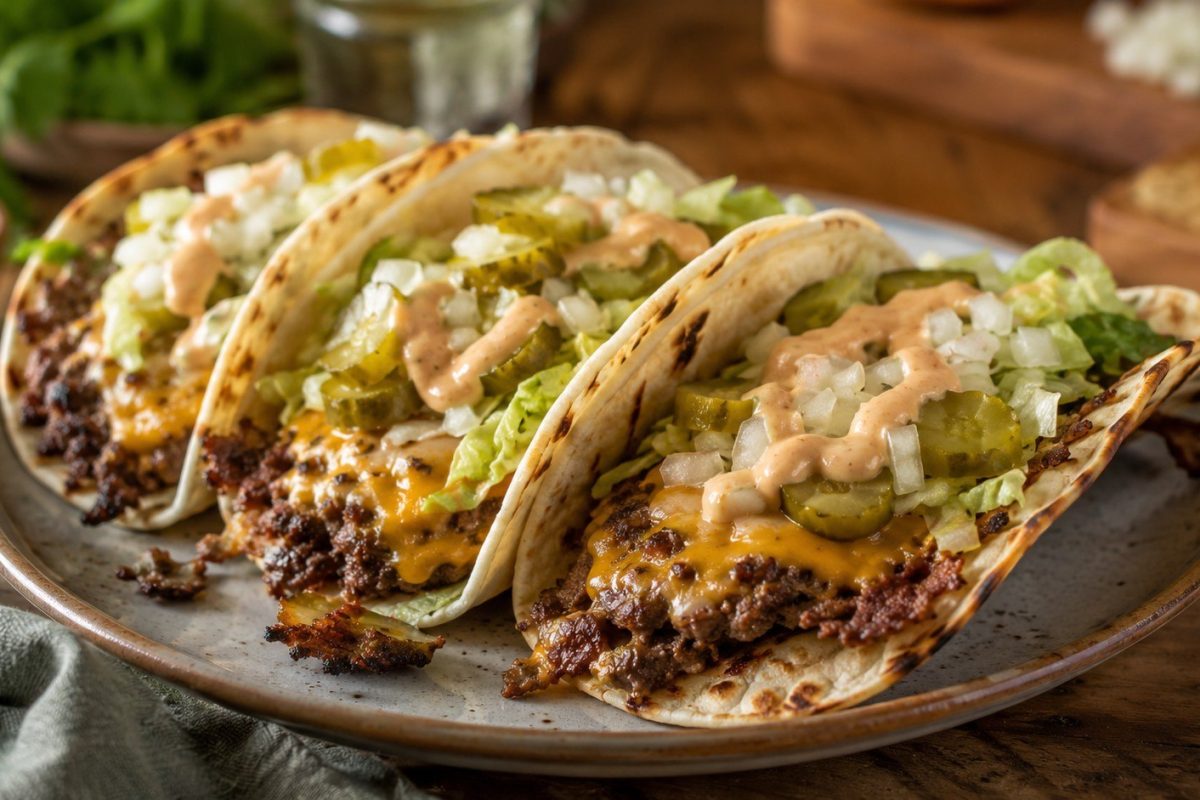 Smash Burger Tacos combine thin ground beef, flour tortillas, melted cheese, pickles and burger sauce in a hot skillet for a crisp, fast dinner.