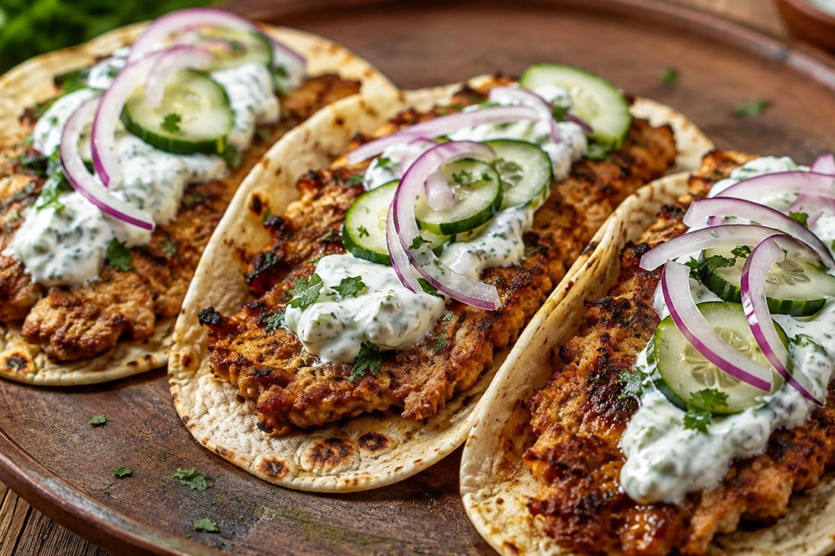 Gyro Smash Tacos combine crispy tortillas, smashed ground chicken, thick tzatziki, cucumber and red onion. Get exact ratios, skillet tips and safe cooking temperatures.