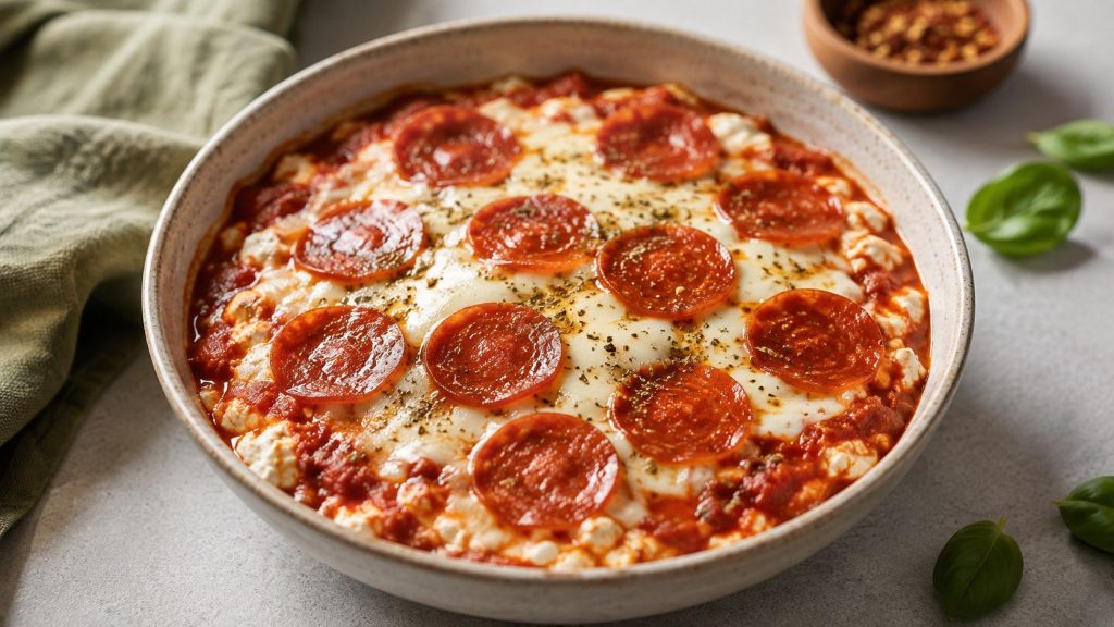 Cottage Cheese Pizza Bowl with tomato sauce, mozzarella and pepperoni: exact ratios, oven and air fryer methods, nutrition tips, variations and fixes for a watery bowl.