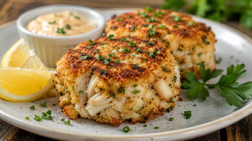 Crab cakes recipe with lump crabmeat, exact ingredients, frying and baking times, safe temperature, storage advice, sauces and tips to prevent breaking.
