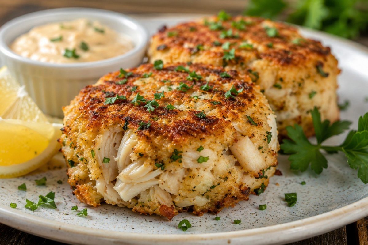 Crab cakes recipe with lump crabmeat, exact ingredients, frying and baking times, safe temperature, storage advice, sauces and tips to prevent breaking.