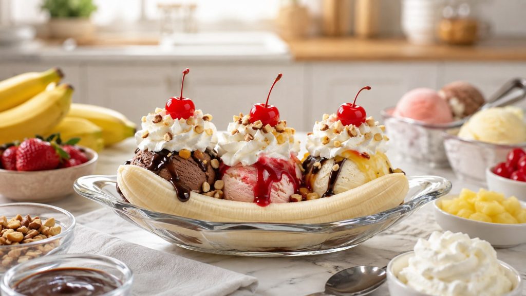 How to make a banana split in 10 minutes with 3 ice cream flavors, fresh banana, sauces, whipped cream, nuts, and practical serving tips.