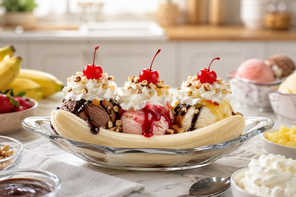 How to make a banana split in 10 minutes with 3 ice cream flavors, fresh banana, sauces, whipped cream, nuts, and practical serving tips.