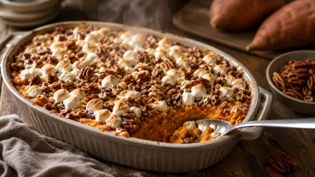 How to make sweet potato casserole with a creamy filling, crisp pecan topping, exact temperatures, storage advice, substitutions, and make-ahead instructions.