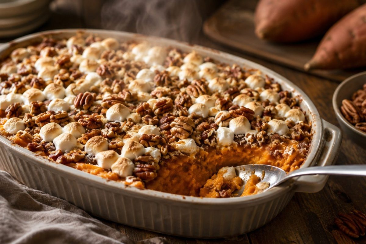 How to make sweet potato casserole with a creamy filling, crisp pecan topping, exact temperatures, storage advice, substitutions, and make-ahead instructions.