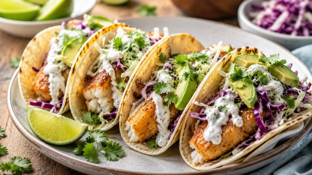 How to make fish tacos with seasoned white fish, lime crema, crunchy slaw, warm tortillas, safe temperatures, cooking times, toppings, and storage tips.