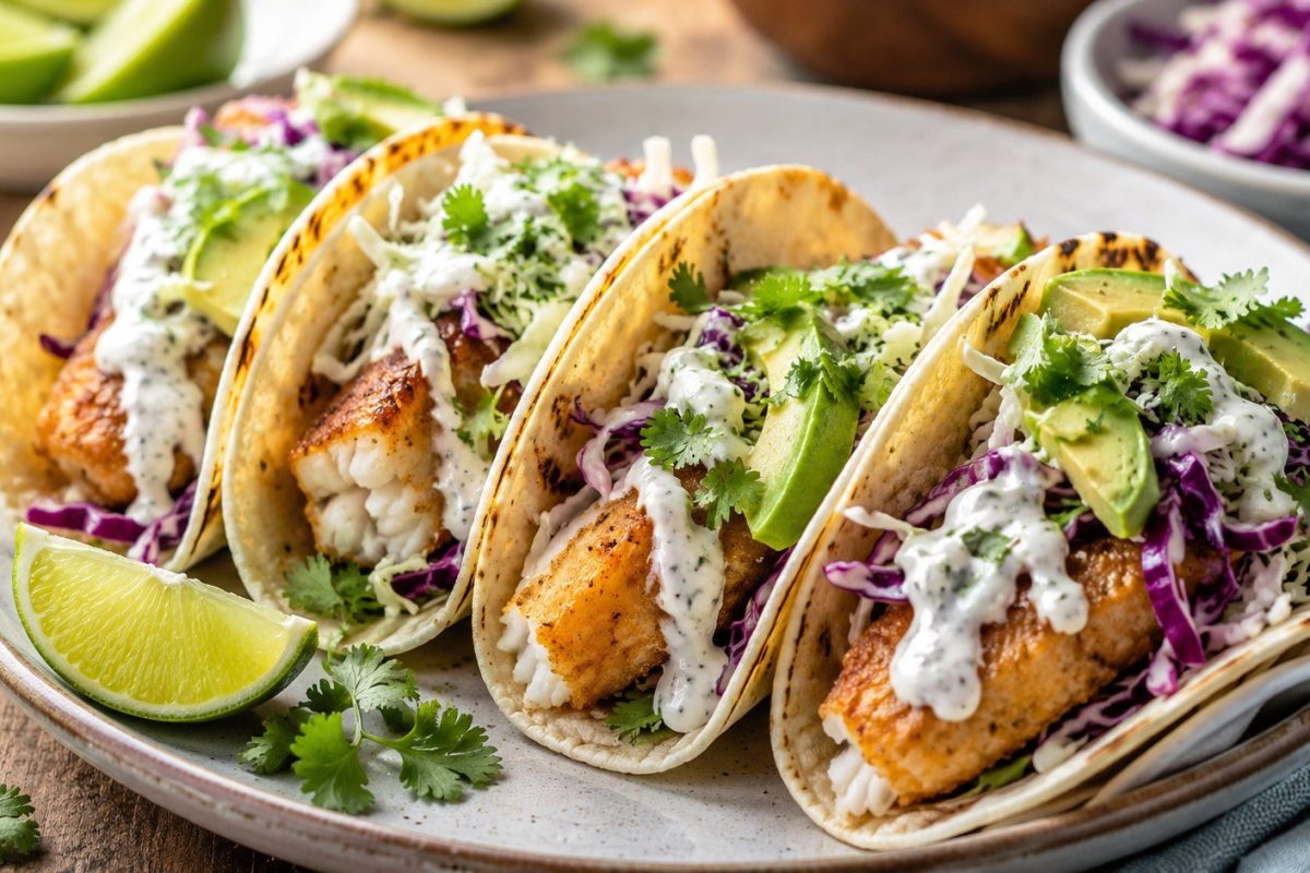 How to make fish tacos with seasoned white fish, lime crema, crunchy slaw, warm tortillas, safe temperatures, cooking times, toppings, and storage tips.