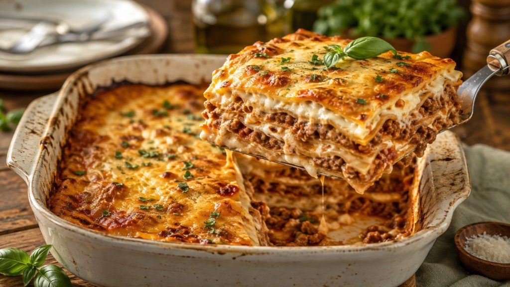 How to make lasagna with rich meat sauce, creamy ricotta, exact layering instructions, baking times, storage advice, and solutions for watery layers.