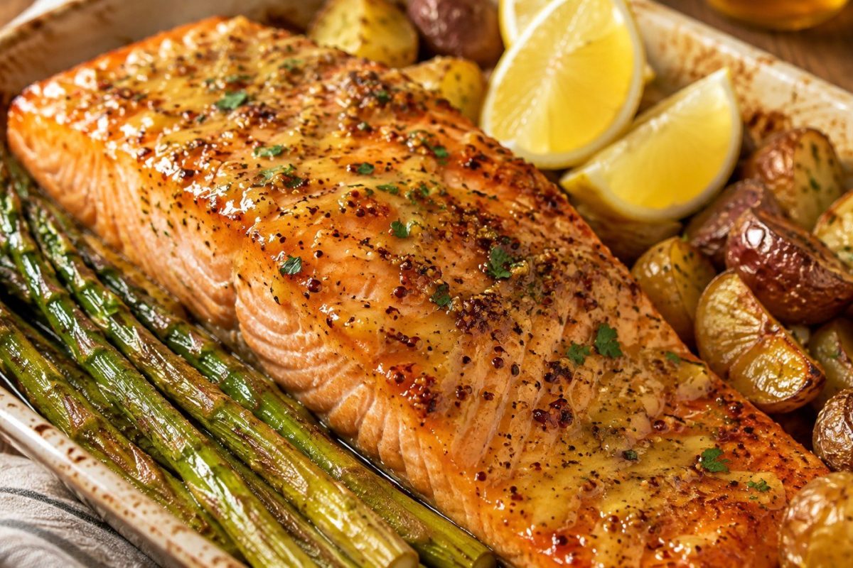 Baked salmon with honey mustard glaze is ready in about 20 minutes. Get the best oven temperature, cooking time, glaze ratio, serving ideas, and food-safety tips.