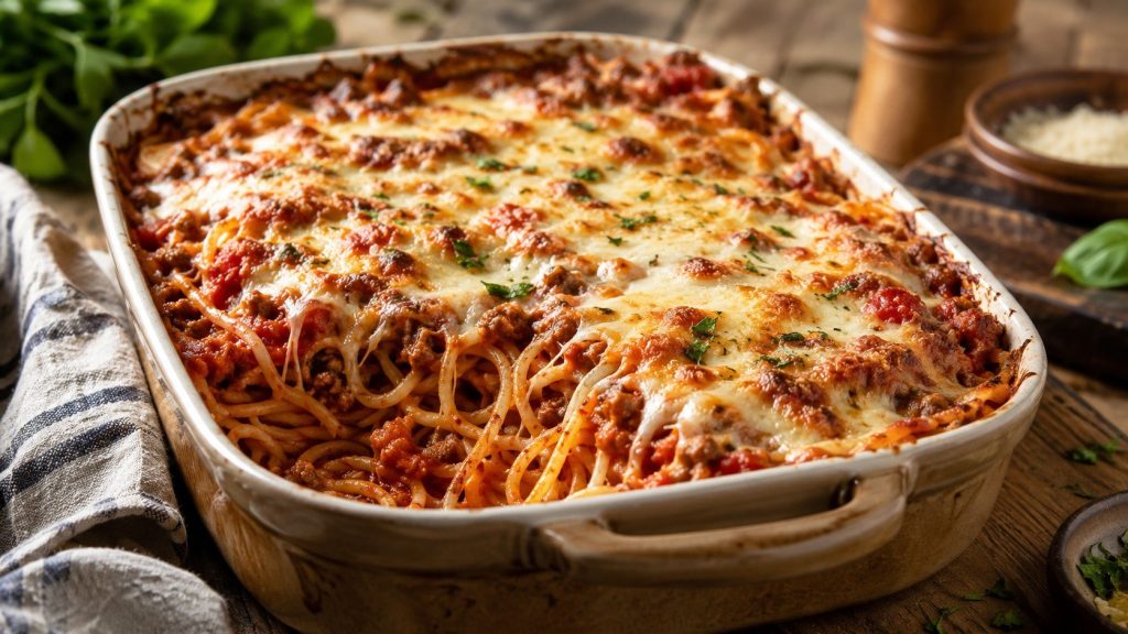 Baked spaghetti recipe with ground beef, marinara, ricotta and mozzarella: exact ingredients, 375°F baking time, assembly tips, storage and reheating advice.