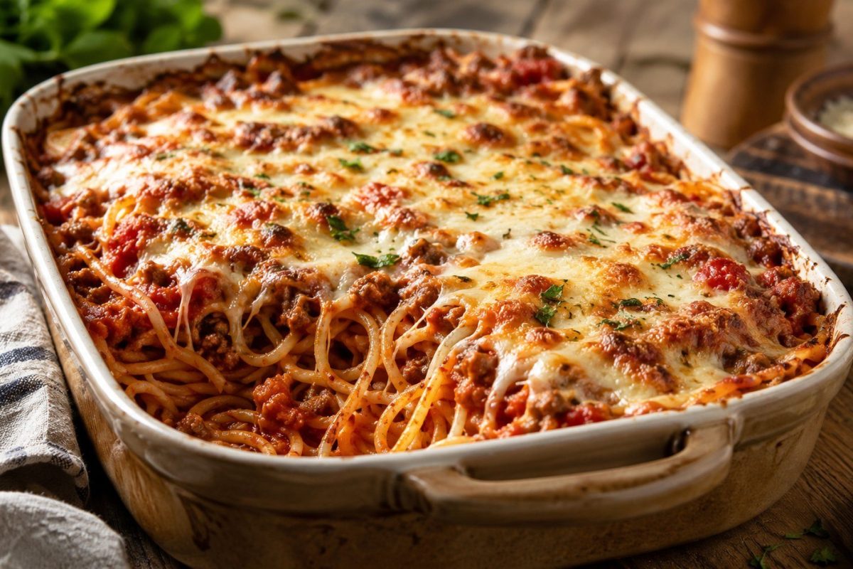 Baked spaghetti recipe with ground beef, marinara, ricotta and mozzarella: exact ingredients, 375°F baking time, assembly tips, storage and reheating advice.
