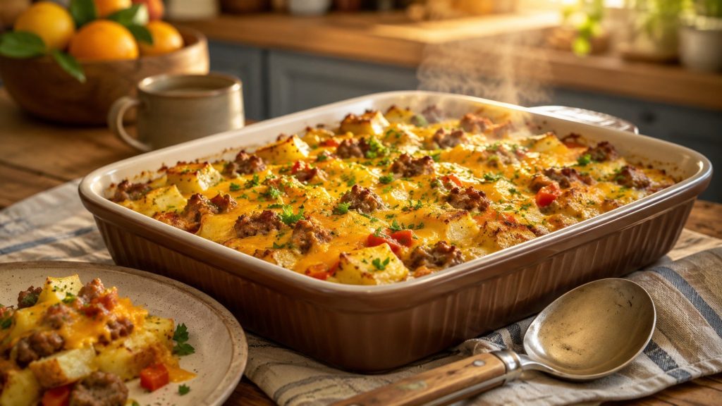Breakfast casserole with eggs, sausage, cheese and potatoes: exact ingredients, 375°F baking guide, make-ahead tips and the safe internal temperature.