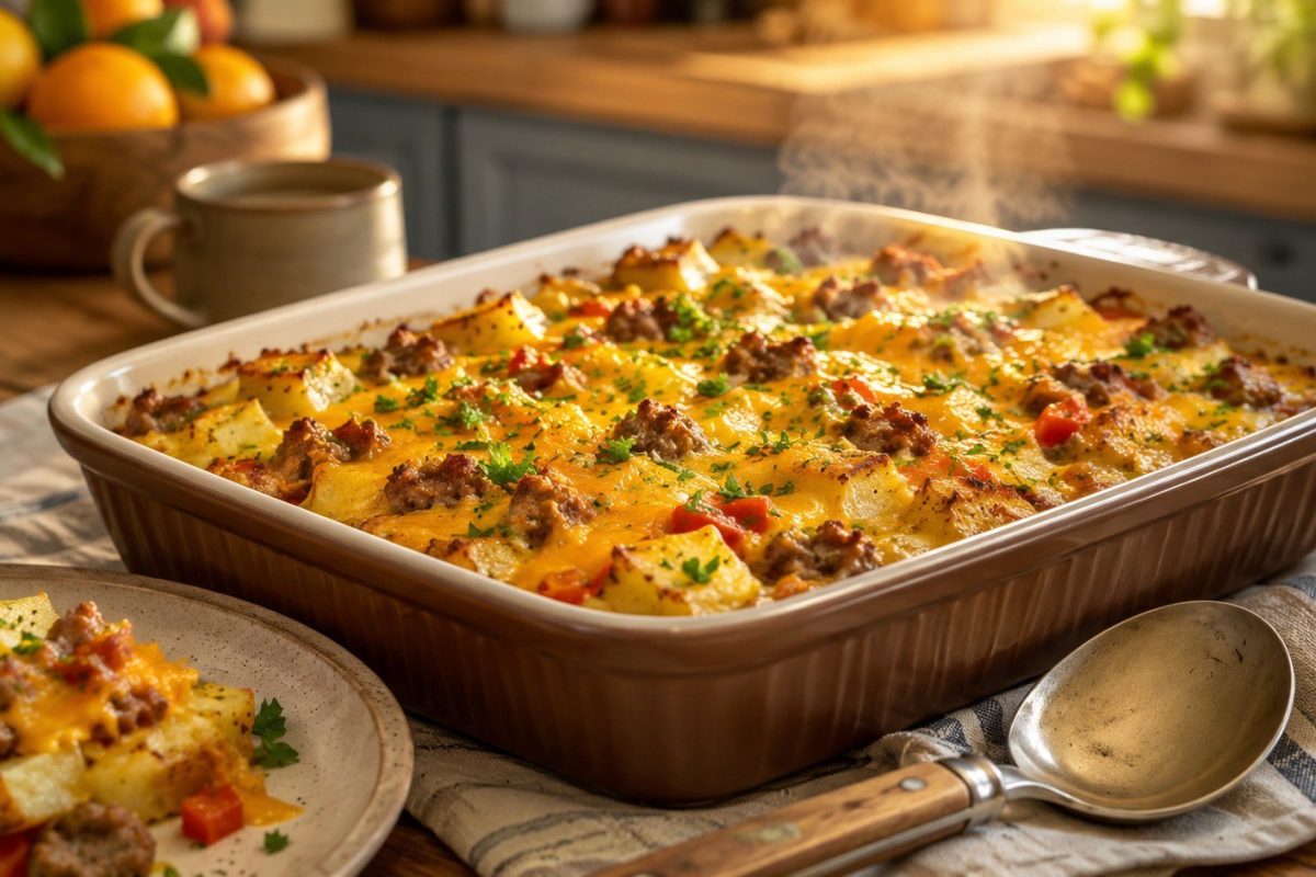 Breakfast casserole with eggs, sausage, cheese and potatoes: exact ingredients, 375°F baking guide, make-ahead tips and the safe internal temperature.