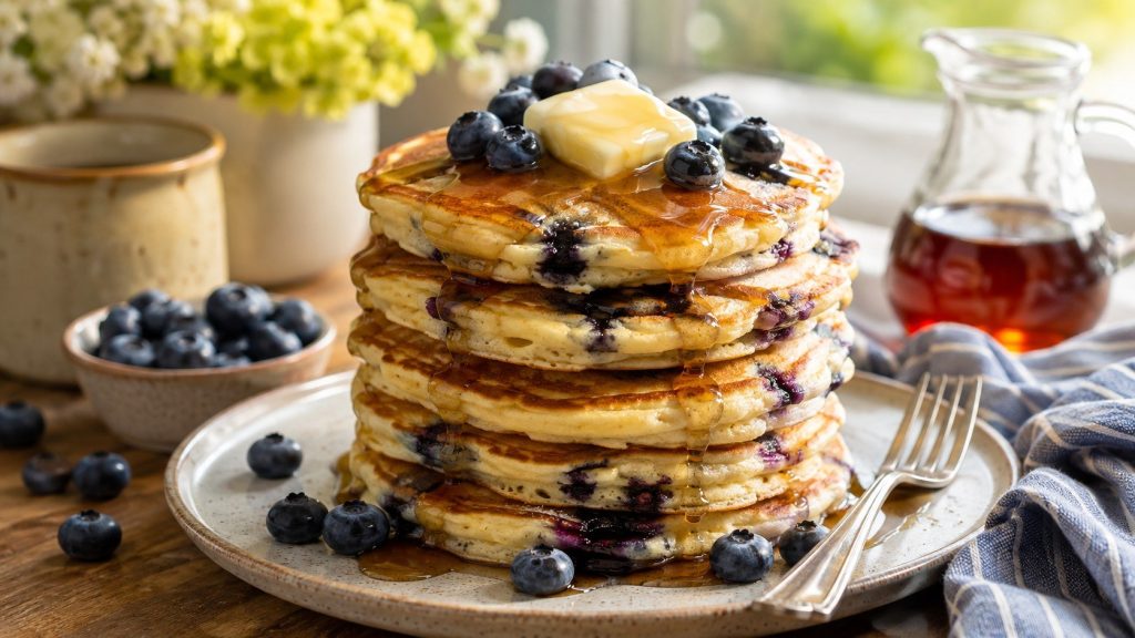 Blueberry pancakes recipe with exact ingredients, fresh or frozen berries, cooking times, skillet tips and simple tricks for fluffy homemade pancakes.