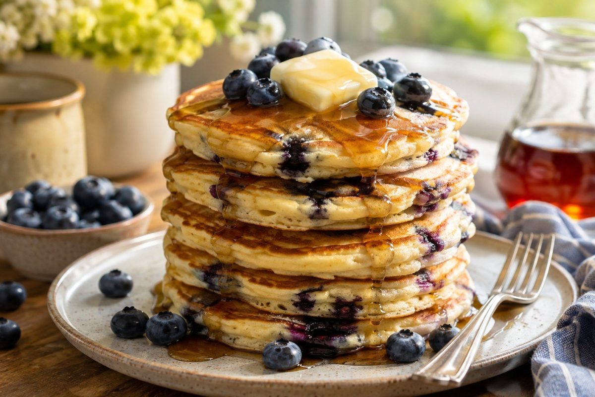 Blueberry pancakes recipe with exact ingredients, fresh or frozen berries, cooking times, skillet tips and simple tricks for fluffy homemade pancakes.