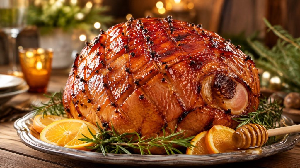 Honey-glazed ham recipe with honey, Dijon, brown sugar and orange, plus oven temperature, cooking times, USDA safety guidance and tips for a juicy caramelized crust.