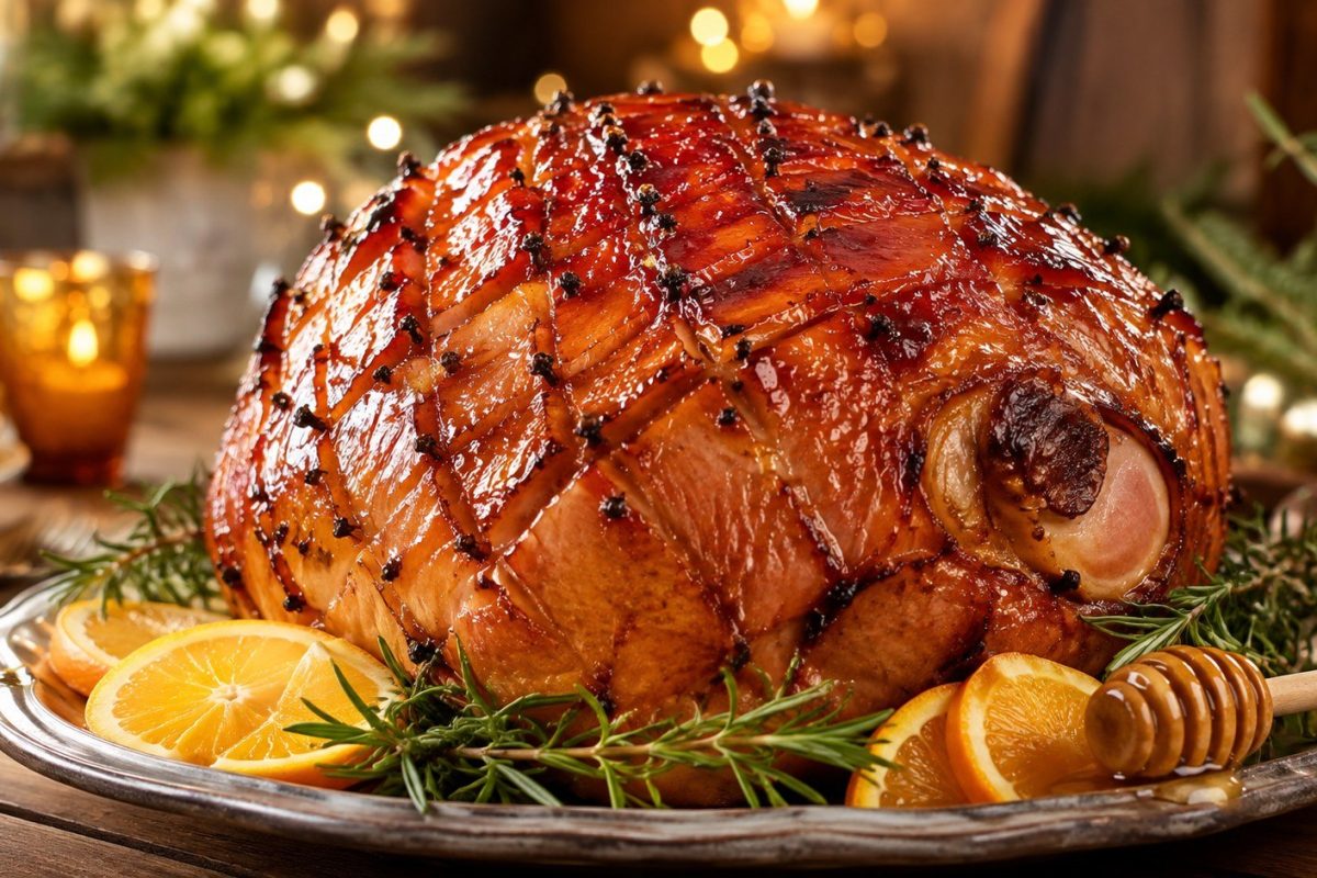 Honey-glazed ham recipe with honey, Dijon, brown sugar and orange, plus oven temperature, cooking times, USDA safety guidance and tips for a juicy caramelized crust.