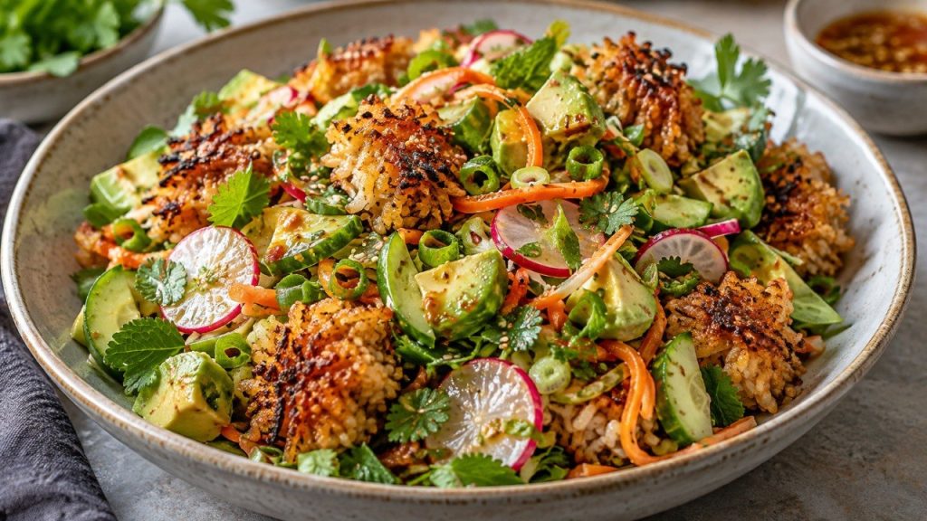 Crispy Rice Salad combines oven-baked crunchy rice, fresh vegetables and a bright lime-sesame dressing. Get exact ingredients, baking times, storage tips and variations.