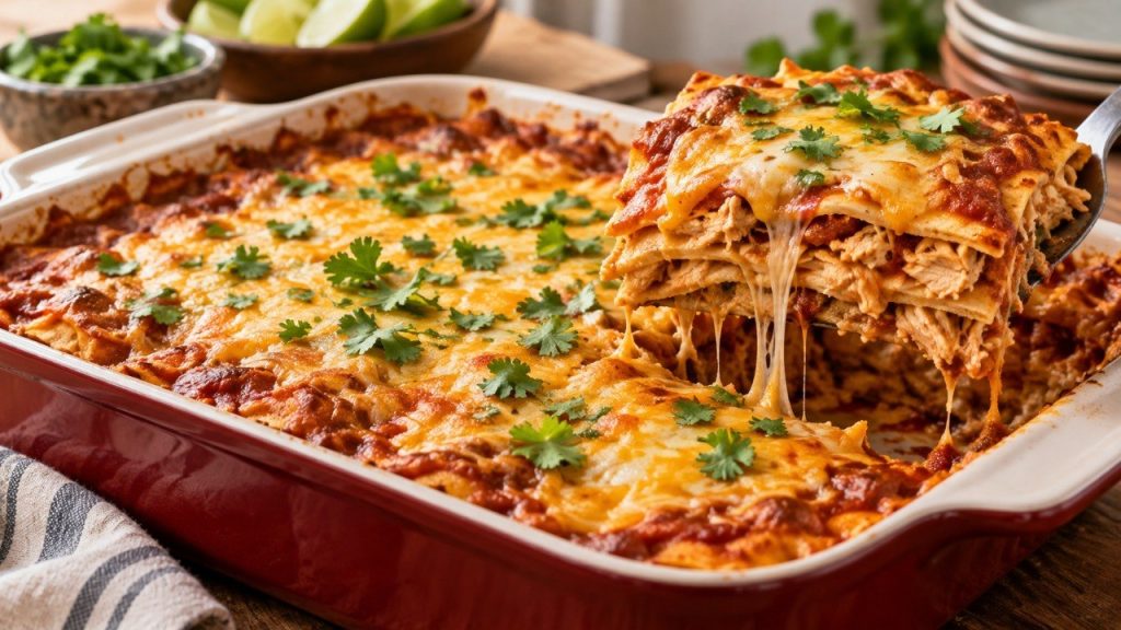 Chicken Enchilada Casserole with shredded chicken, tortillas, enchilada sauce and cheese: exact ingredients, baking time, layering tips, storage advice and easy variations.