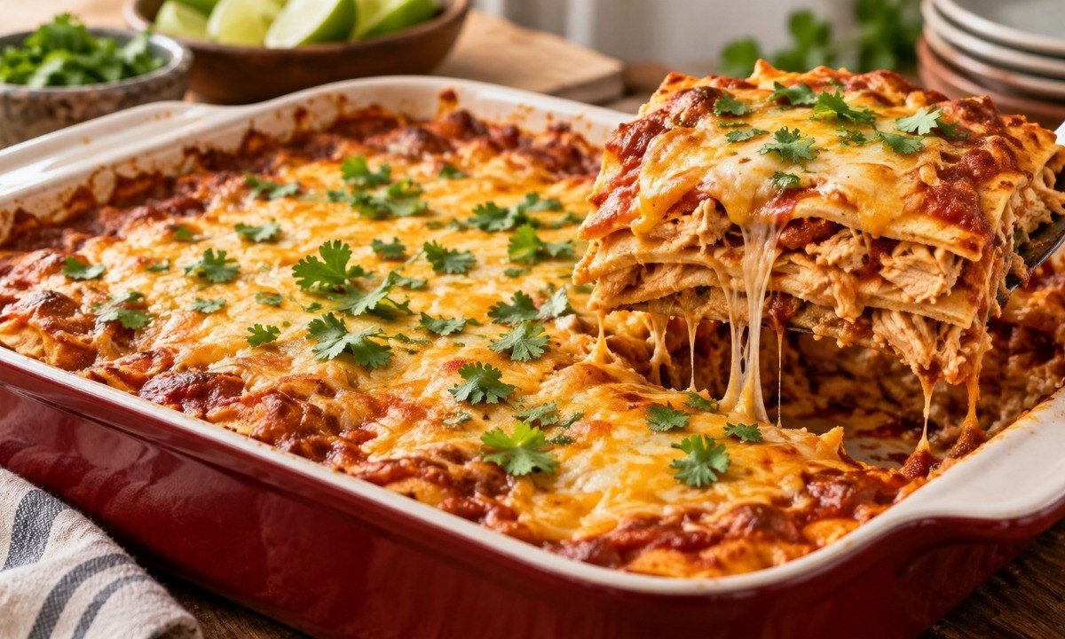 Chicken Enchilada Casserole with shredded chicken, tortillas, enchilada sauce and cheese: exact ingredients, baking time, layering tips, storage advice and easy variations.