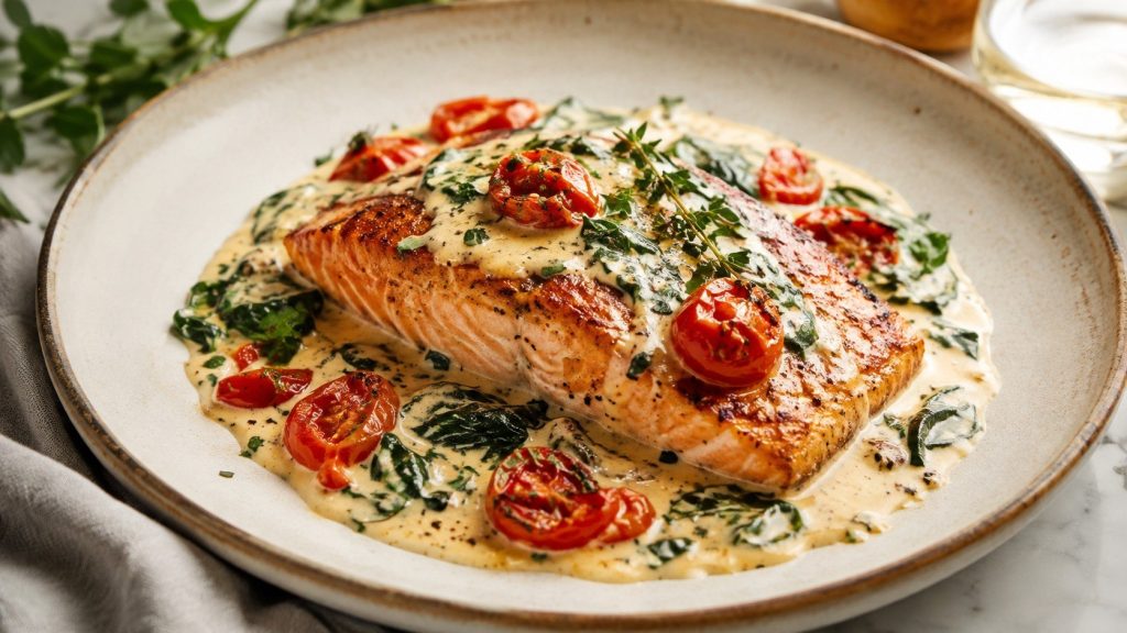 Tuscan Salmon recipe with creamy garlic sauce, spinach, Parmesan and sun-dried tomatoes. Learn the one-pan method, safe temperature and serving tips.
