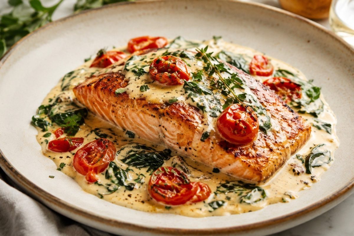 Tuscan Salmon recipe with creamy garlic sauce, spinach, Parmesan and sun-dried tomatoes. Learn the one-pan method, safe temperature and serving tips.