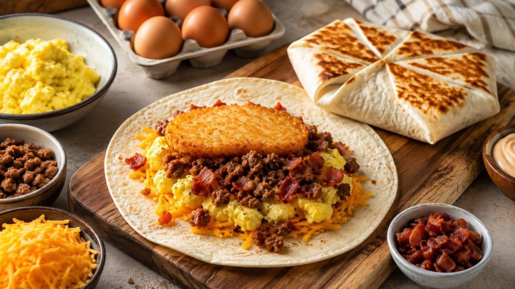 Breakfast Crunchwrap recipe with egg, cheese, crispy hash brown and bacon. Learn the best tortilla size, folding method, cooking order, variations and reheating tips.