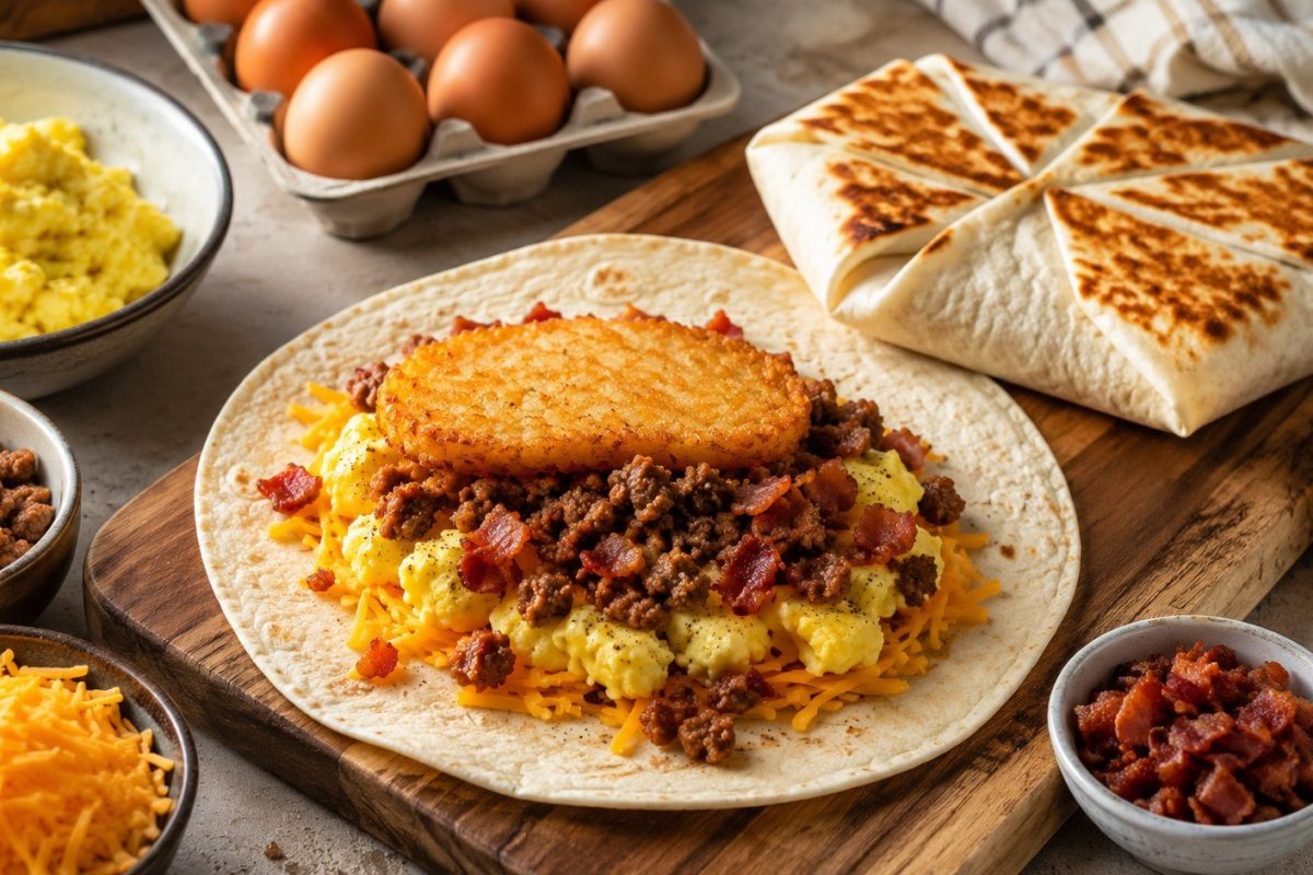 Breakfast Crunchwrap recipe with egg, cheese, crispy hash brown and bacon. Learn the best tortilla size, folding method, cooking order, variations and reheating tips.