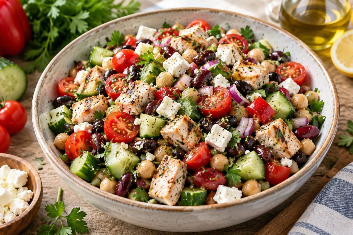 Dense Bean Salad recipe with beans, crisp vegetables, feta, chicken and lemon vinaigrette. Learn the best ratios, protein options, storage rules and meal-prep method.