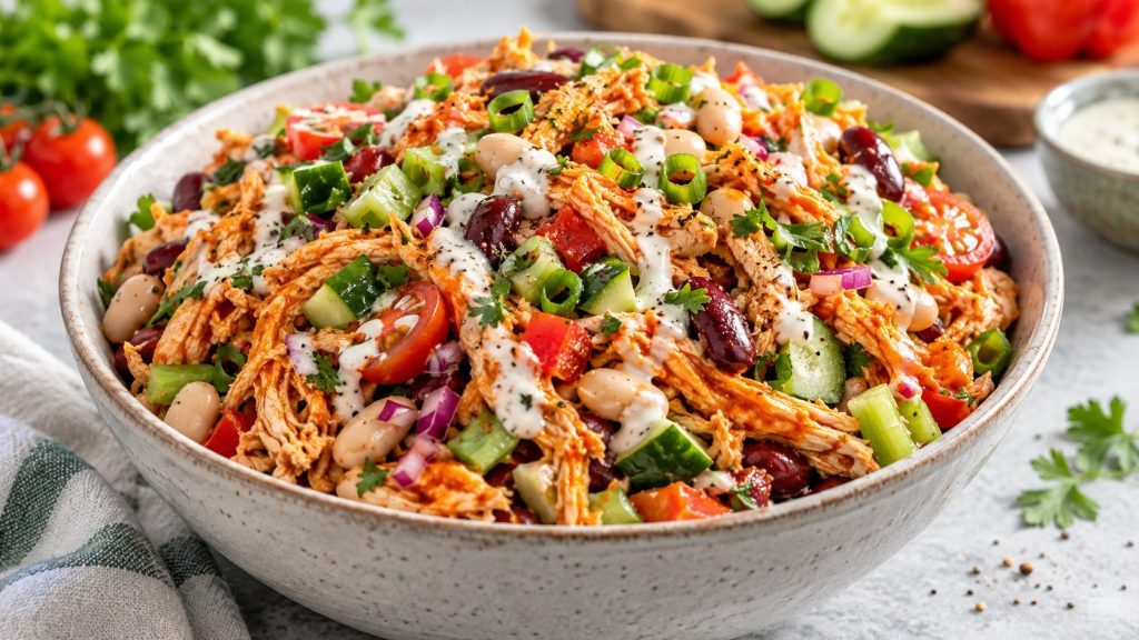 Buffalo Chicken Dense Bean Salad combines spicy chicken, chickpeas, white beans, crisp vegetables and creamy dressing in a practical meal-prep recipe.