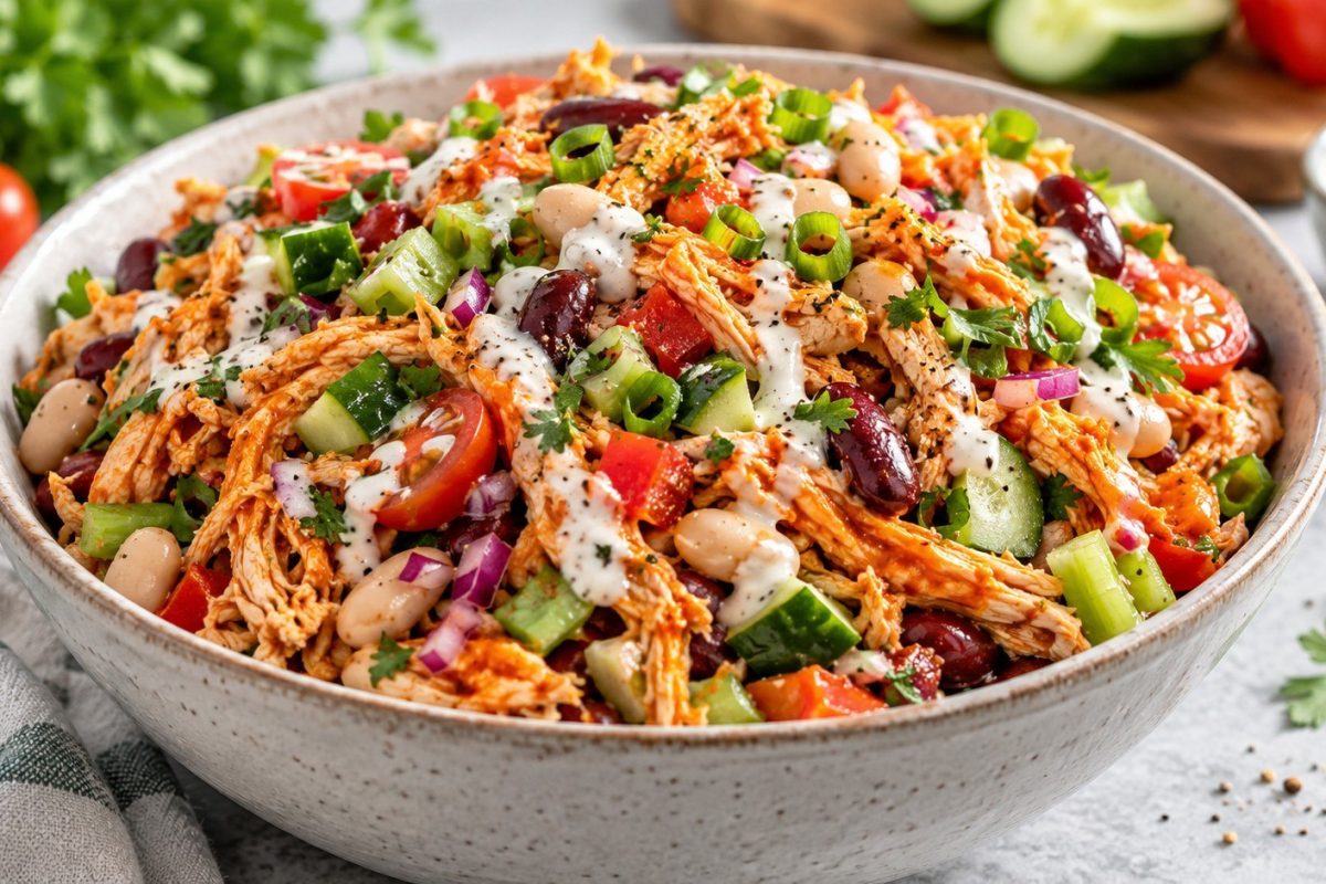 Buffalo Chicken Dense Bean Salad combines spicy chicken, chickpeas, white beans, crisp vegetables and creamy dressing in a practical meal-prep recipe.