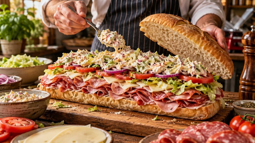 Italian Grinder Sandwich combines salami, capicola, ham, provolone and creamy grinder salad in toasted Italian bread. Get exact ingredients, layering tips and storage advice.