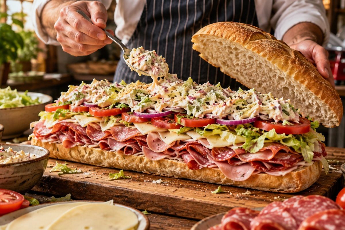Italian Grinder Sandwich combines salami, capicola, ham, provolone and creamy grinder salad in toasted Italian bread. Get exact ingredients, layering tips and storage advice.