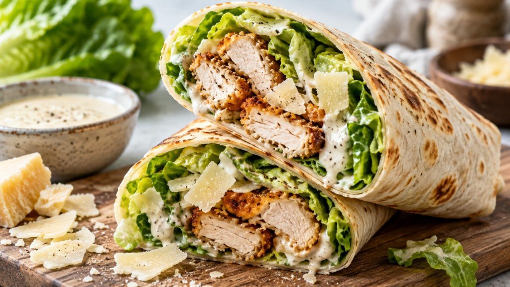 Chicken Caesar Wrap recipe with crispy chicken, romaine, Parmesan and creamy Caesar dressing, plus practical tips for keeping the tortilla crisp and easy to roll.