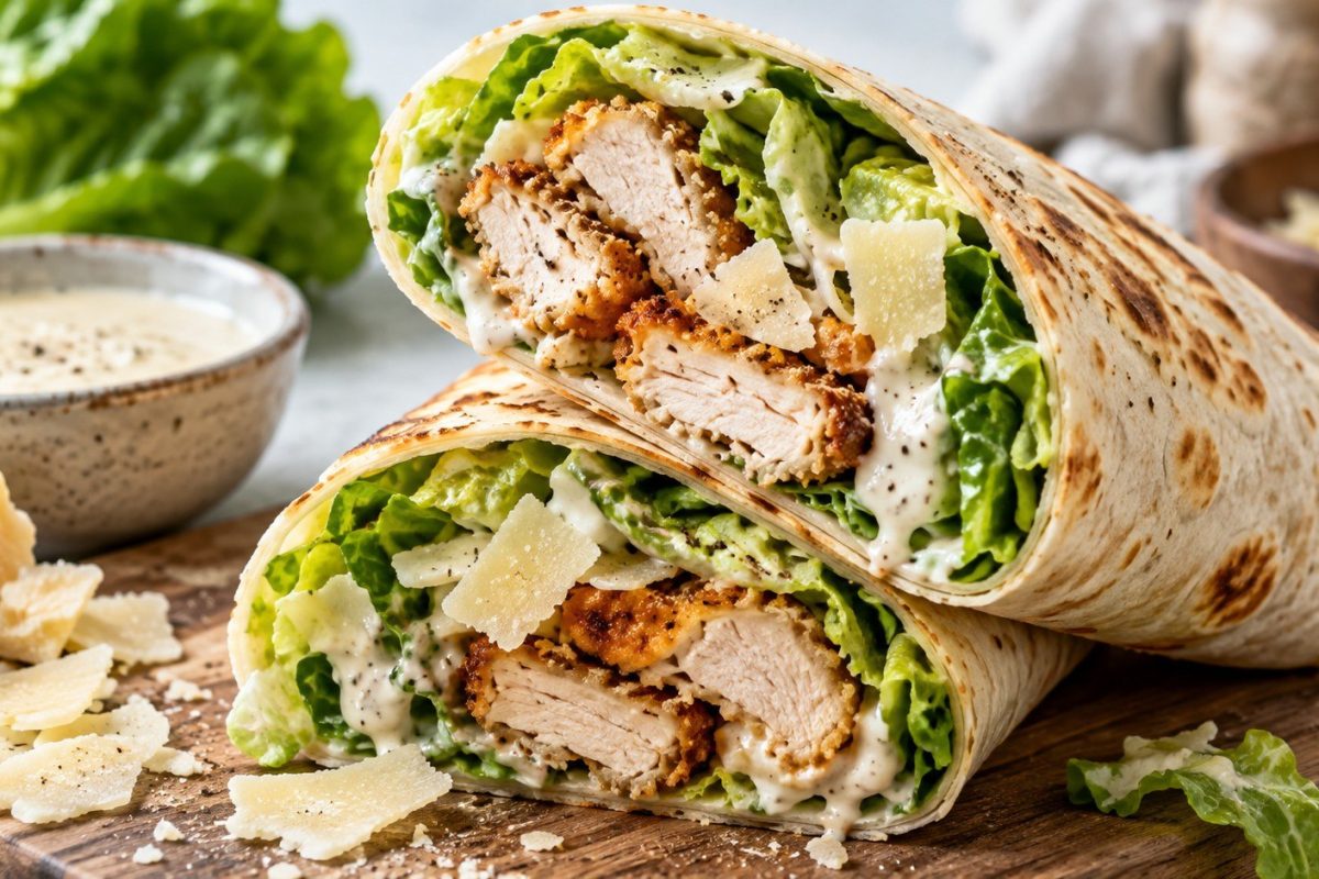 Chicken Caesar Wrap recipe with crispy chicken, romaine, Parmesan and creamy Caesar dressing, plus practical tips for keeping the tortilla crisp and easy to roll.