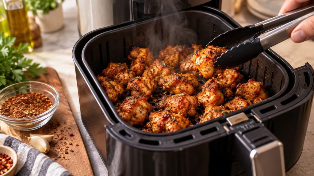 Air Fryer Chicken Bites cook in 8–12 minutes with paprika, garlic and cayenne. Get exact temperatures, juicy chicken tips, variations and meal-prep ideas.
