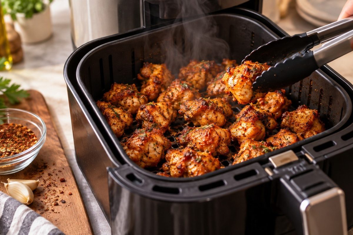 Air Fryer Chicken Bites cook in 8–12 minutes with paprika, garlic and cayenne. Get exact temperatures, juicy chicken tips, variations and meal-prep ideas.