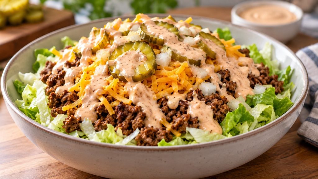 Big Mac Bowl recipe with ground beef, lettuce, cheese, pickles and homemade burger sauce. Learn the best ratios, cooking method, meal-prep tips and bunless variations.