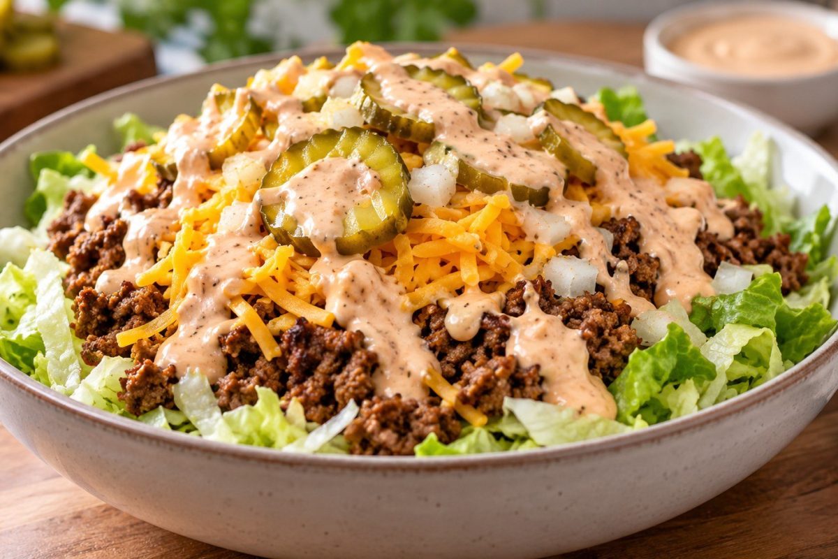 Big Mac Bowl recipe with ground beef, lettuce, cheese, pickles and homemade burger sauce. Learn the best ratios, cooking method, meal-prep tips and bunless variations.