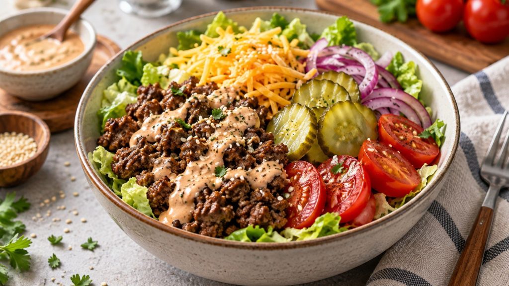 Burger Bowl recipe with ground beef, crisp lettuce, pickles, cheese and homemade sauce. Learn exact ratios, safe cooking temperature, meal-prep tips and variations.