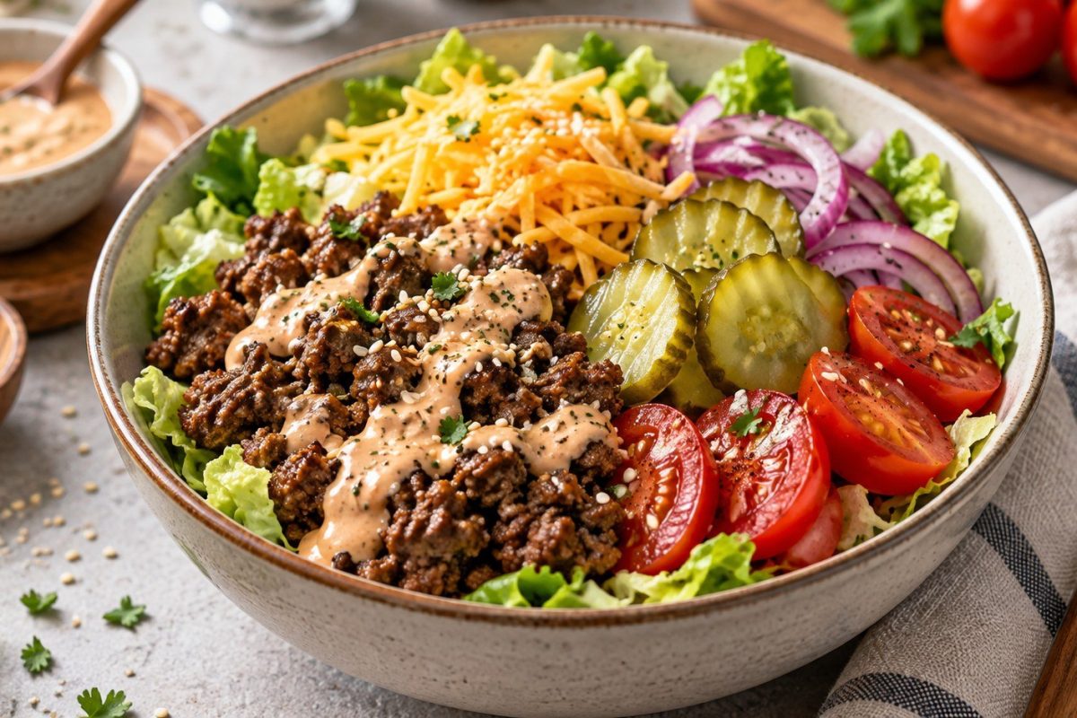 Burger Bowl recipe with ground beef, crisp lettuce, pickles, cheese and homemade sauce. Learn exact ratios, safe cooking temperature, meal-prep tips and variations.