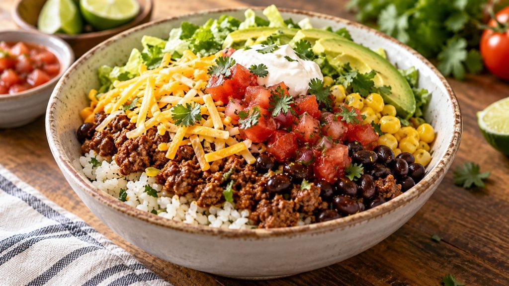 Taco Bowl with rice, seasoned taco meat, beans, corn, cheese and salsa: ingredients, cooking steps, meal-prep tips, food safety and easy variations.