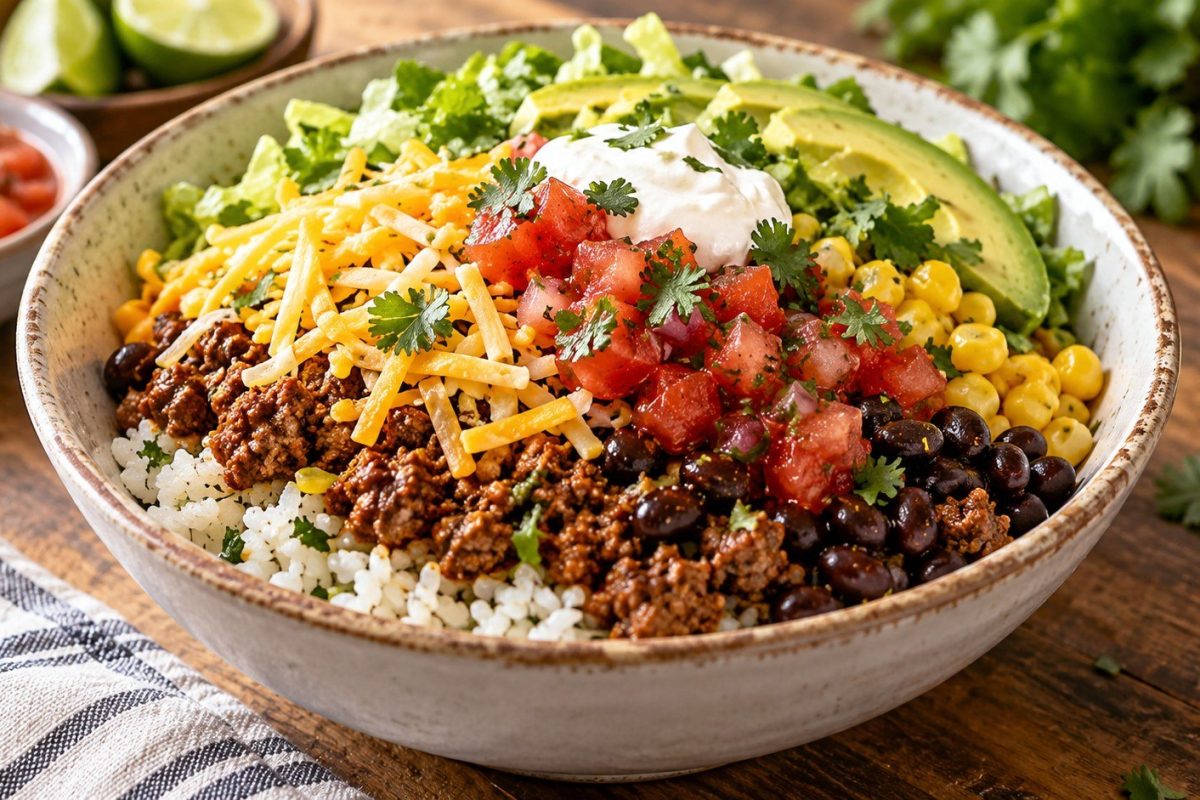 Taco Bowl with rice, seasoned taco meat, beans, corn, cheese and salsa: ingredients, cooking steps, meal-prep tips, food safety and easy variations.