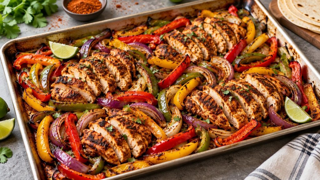 Chicken Fajita Sheet Pan Dinner with juicy chicken, peppers and onions roasted at 425°F. Get exact ingredients, timing, seasoning, storage tips and 165°F safety guidance.